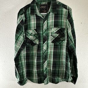Chalc Mens Long Sleeve Western Button Up Shirt w pockets Plaid Green Size Small